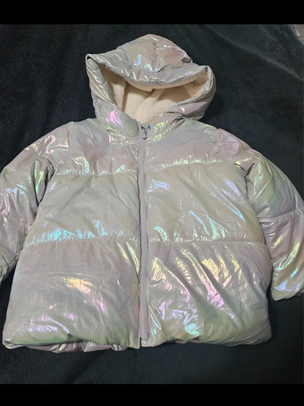 GAP Kids Iridescent Hooded Puffer Jacket - Silver with Pastel Sheen